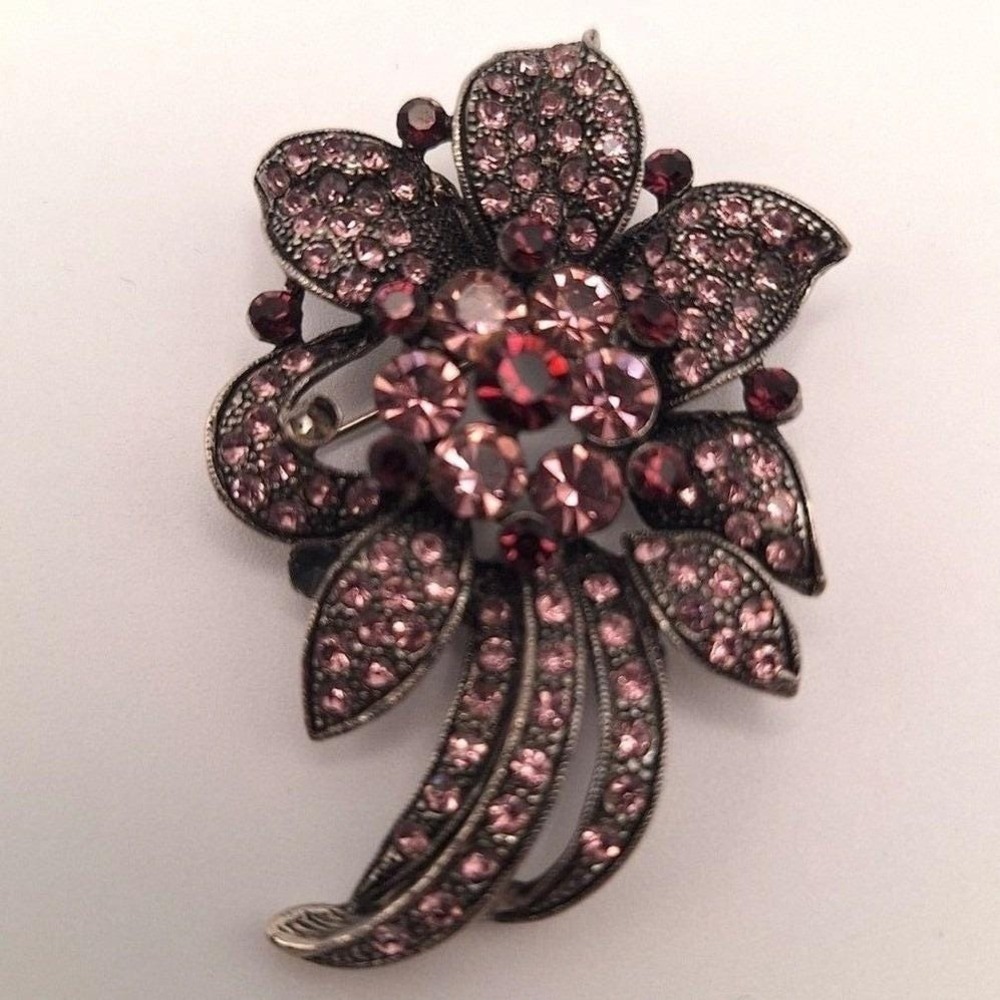 Vintage flower brooch pink rhinestones floral spray silver tone mid century